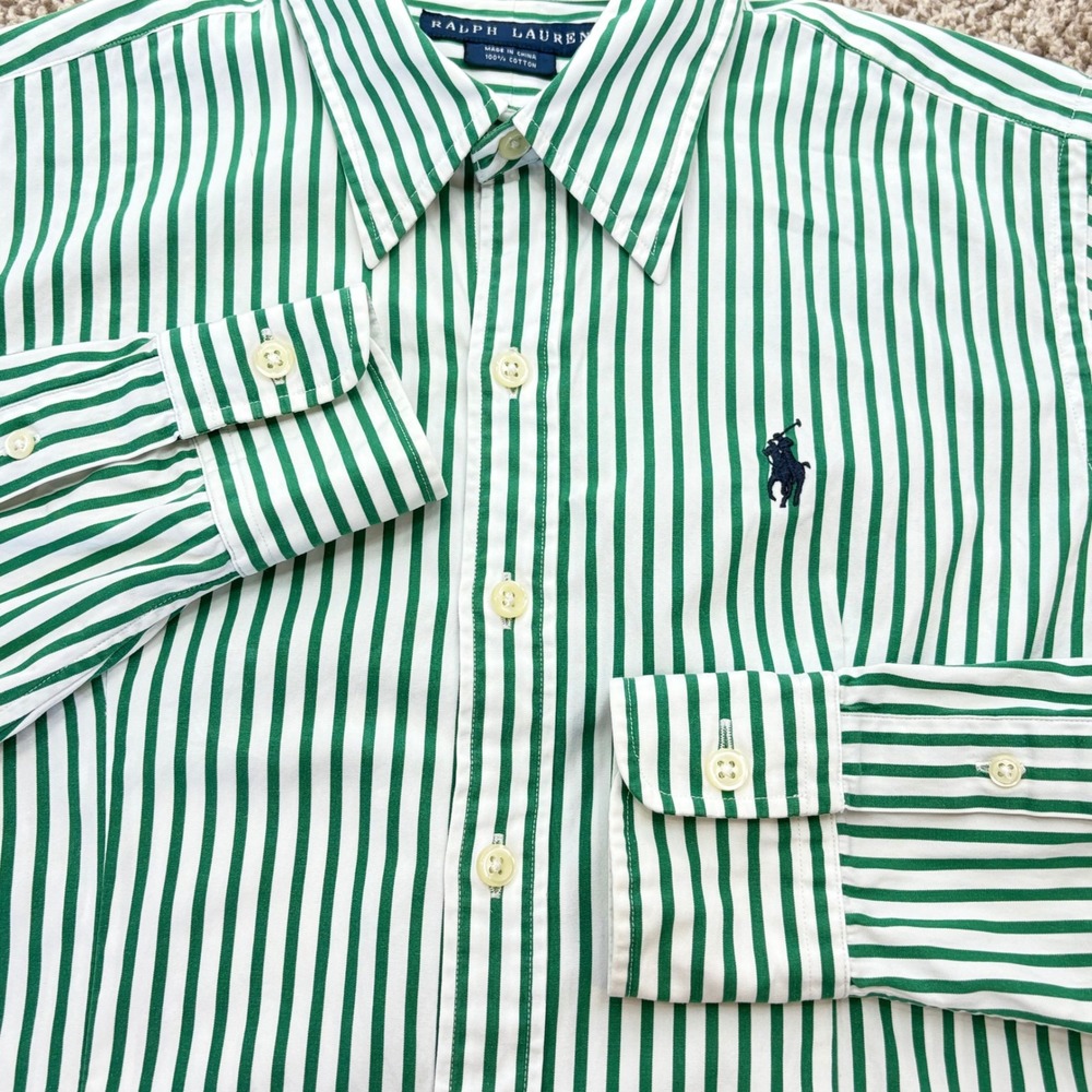 Ralph Lauren Green and White Striped Button-Down Shirt - Picture 6 of 10